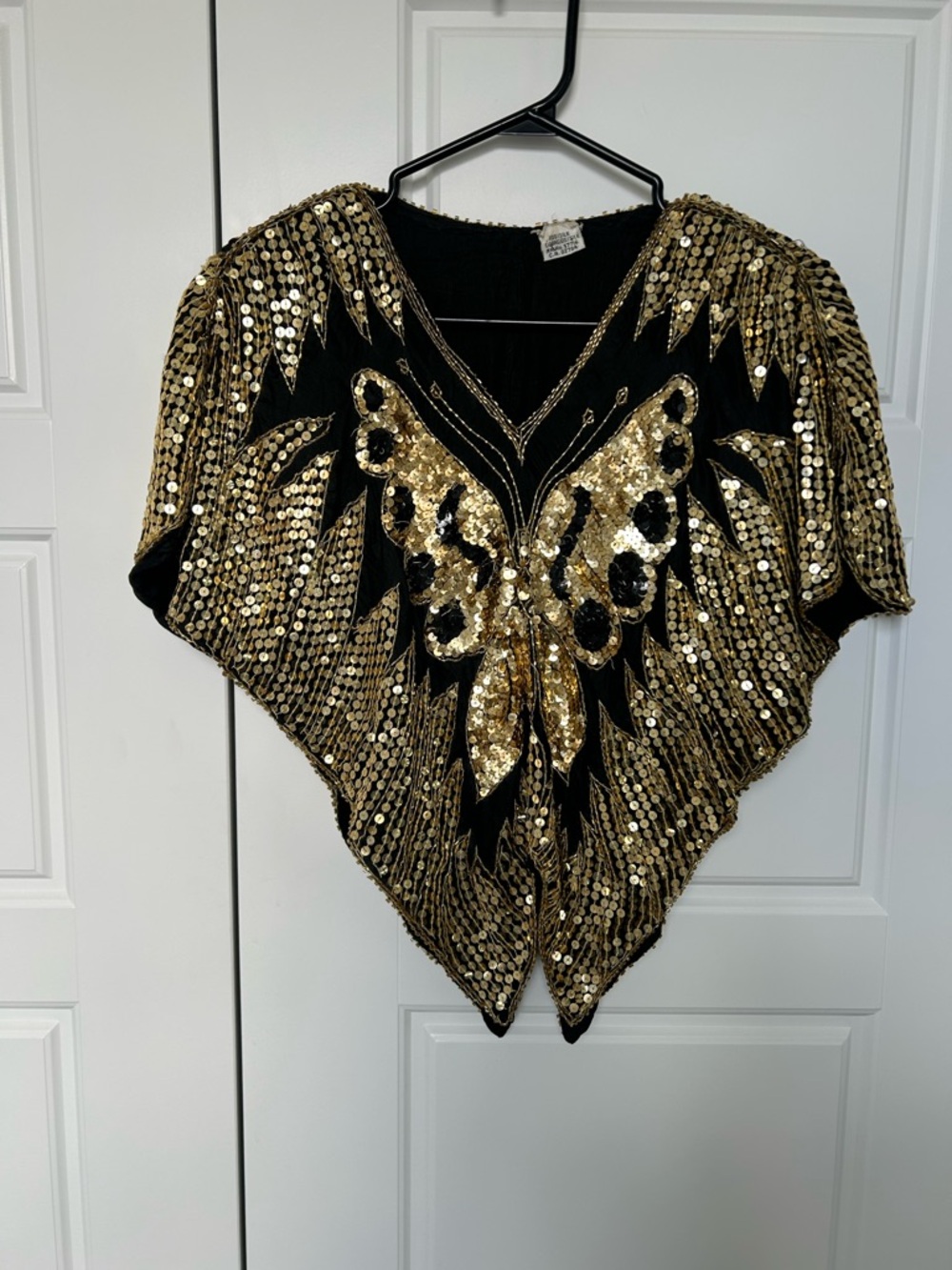 Vintage Black Top with Gold Sequin Butterfly 100% silk